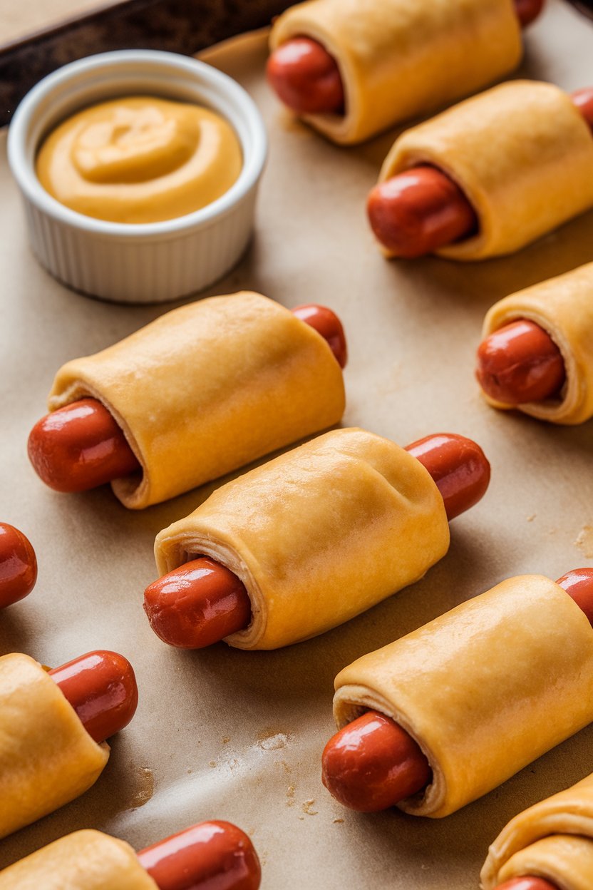 Indoor photo of cocktail franks wrapped in golden crescent dough on a baking sheet, a ramekin of mustard nearby. No logos anywhere.