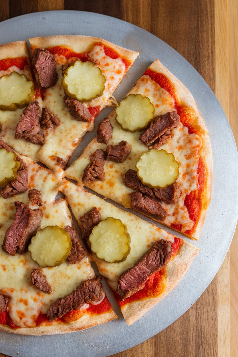 Indoor pizza stone holding a baked pizza topped with browned beef, pickles, and melted cheddar, sliced into wedges. No text or logos.