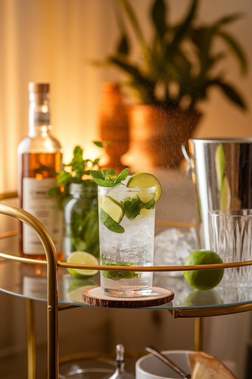 A warmly lit indoor bar cart showcasing a highball glass filled with muddled mint, lime wedges, crushed ice, and sparkling water, condensation beading on the glass. No text or logos anywhere in the scene. Photo, not an illustration.