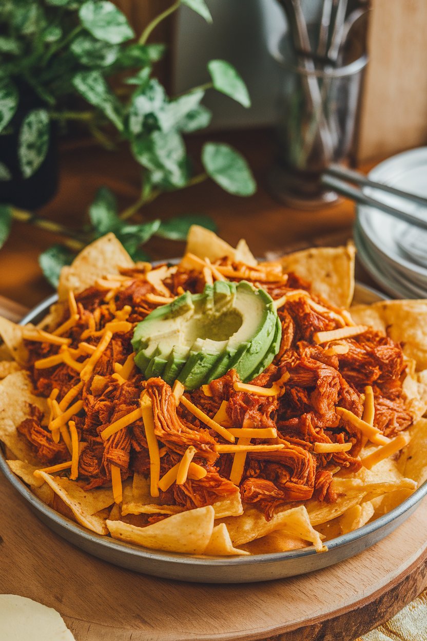 A pan of nachos covered with saucy pulled jackfruit, vegan cheese shreds, and avocado; warm indoor lighting, no text or logos, photo not illustration.
