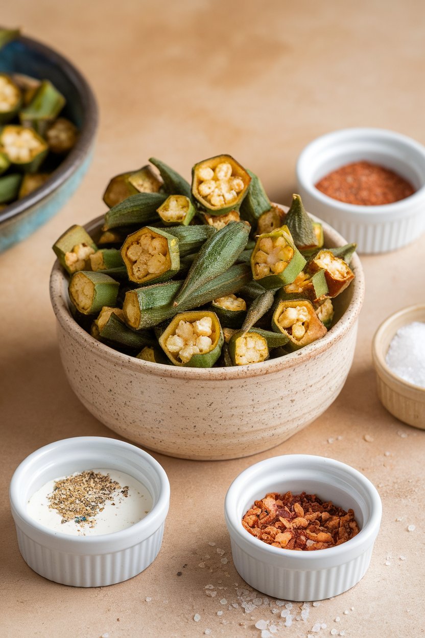 An indoor snack table showing a ceramic bowl filled with baked okra chips, alongside ramekins of ranch seasoning and smoked salt for sprinkling. No text or logos visible.