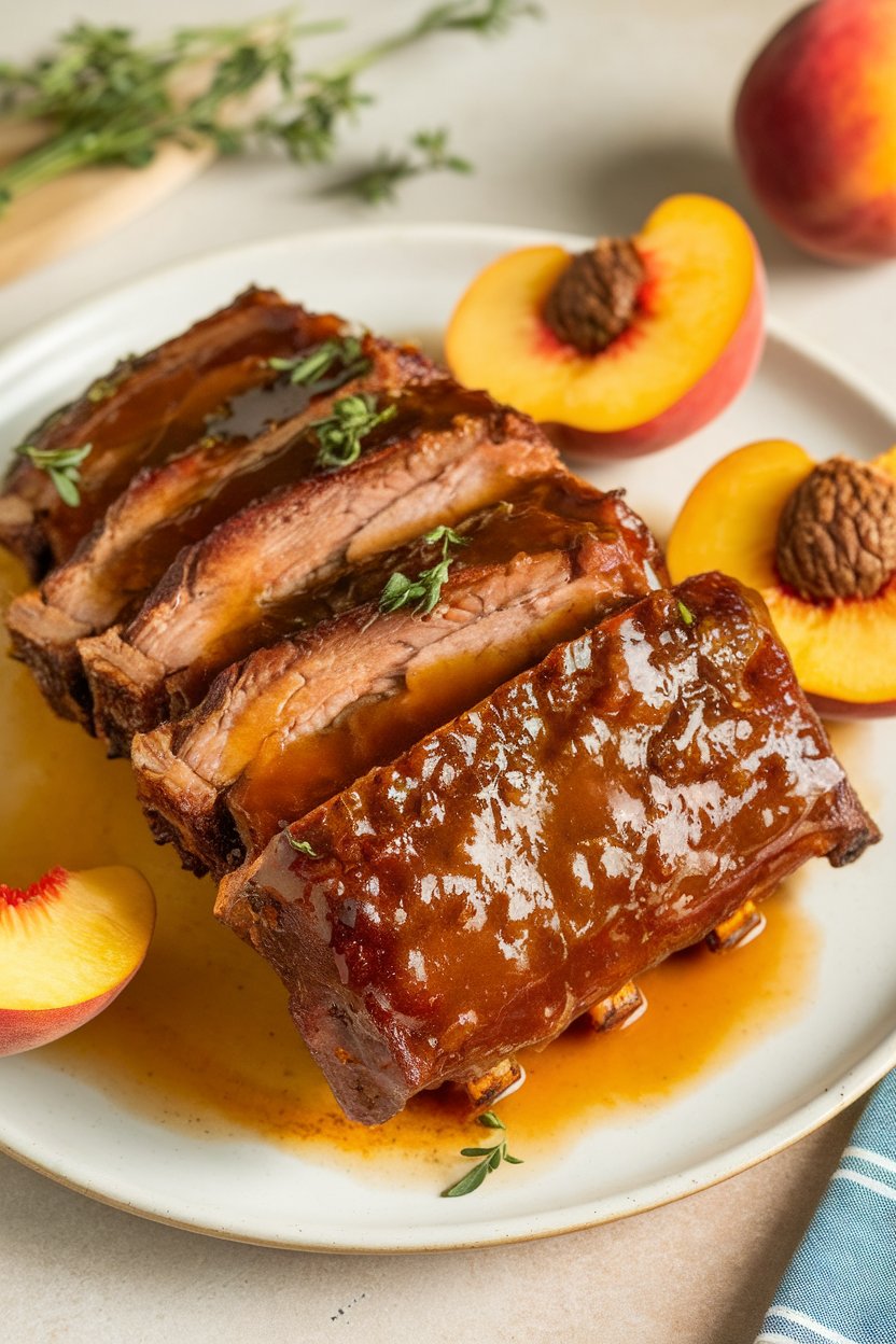 Indoor photo of short ribs glazed in bourbon-peach sauce, peach slices nearby; no text or logos