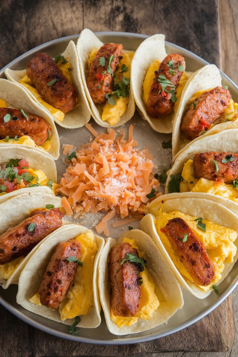 An indoor serving platter of small corn tortillas filled with sautéed chicken sausage, scrambled eggs, and pico de gallo. No text or logos present. Photo, not illustration.