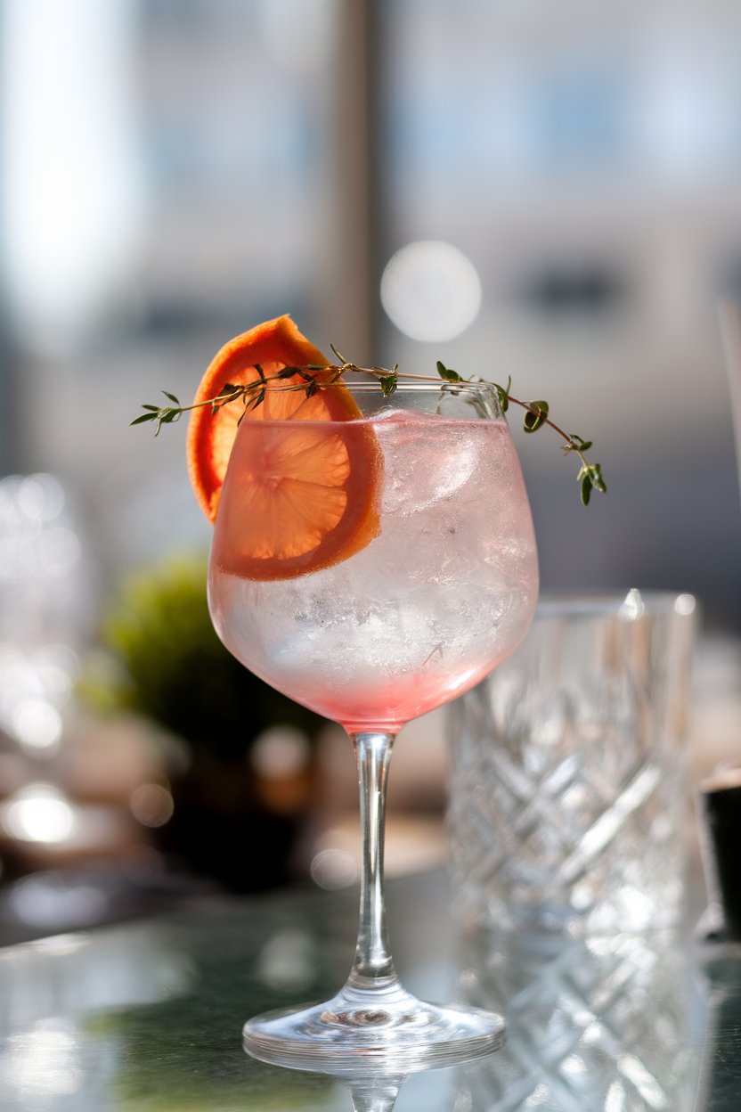 Photo of a stemmed goblet indoors showing light ruby spritz with grapefruit slice and thyme sprig, bright natural bar window light, no text or logos