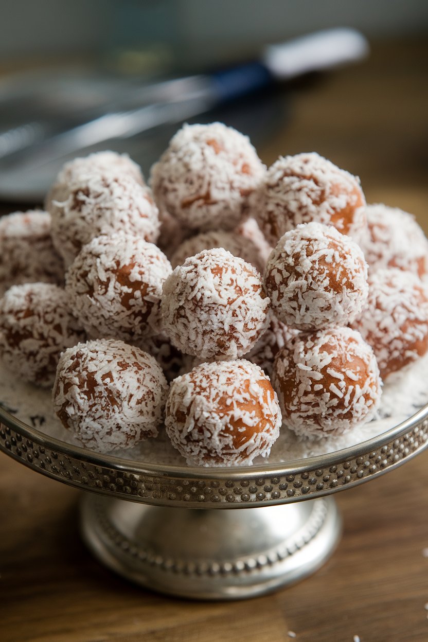 Indoor photo of truffle-size coconut rum balls rolled in shredded coconut, arranged on a cake stand; no text or logos
