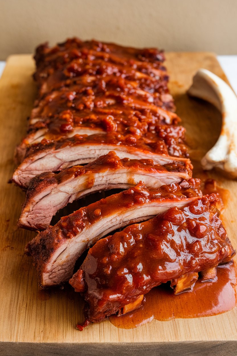 Indoor photo of saucy rack of cooked ribs sliced into individual bones on a wooden board; no text or logos.