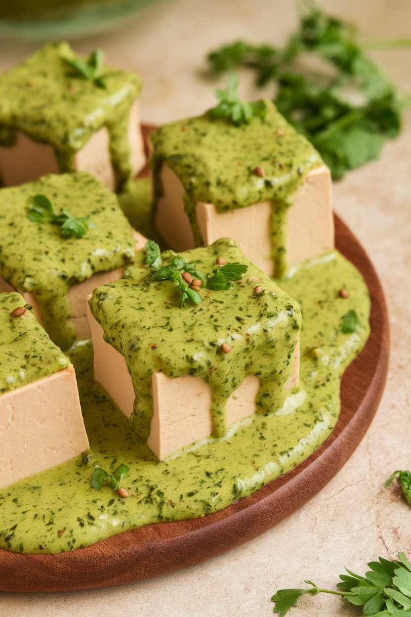 Photo prompt: Indoor setting showing tofu squares covered in speckled green chermoula sauce, coriander seeds visible. No text or logos.