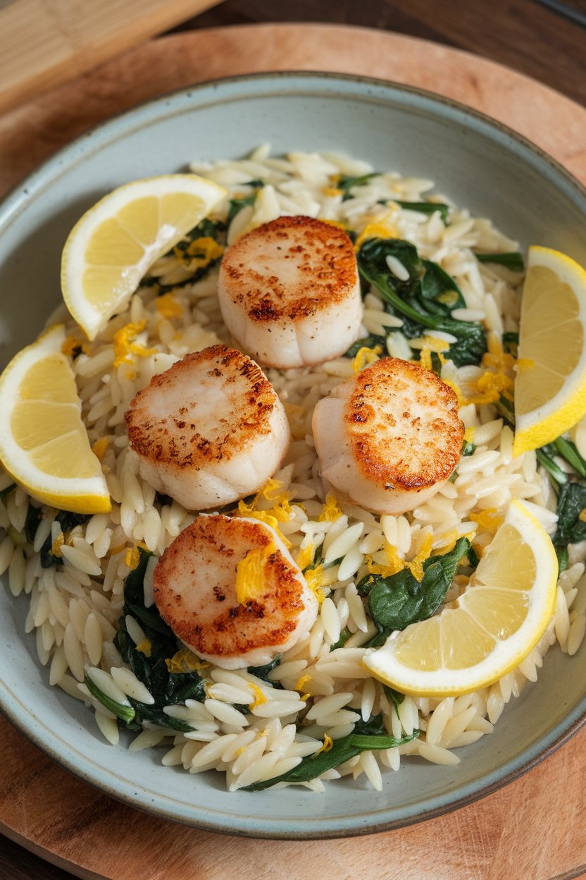 Indoor photo of a shallow plate of cooked orzo tossed with spinach and lemon zest, topped with golden seared sea scallops. No text or logos.