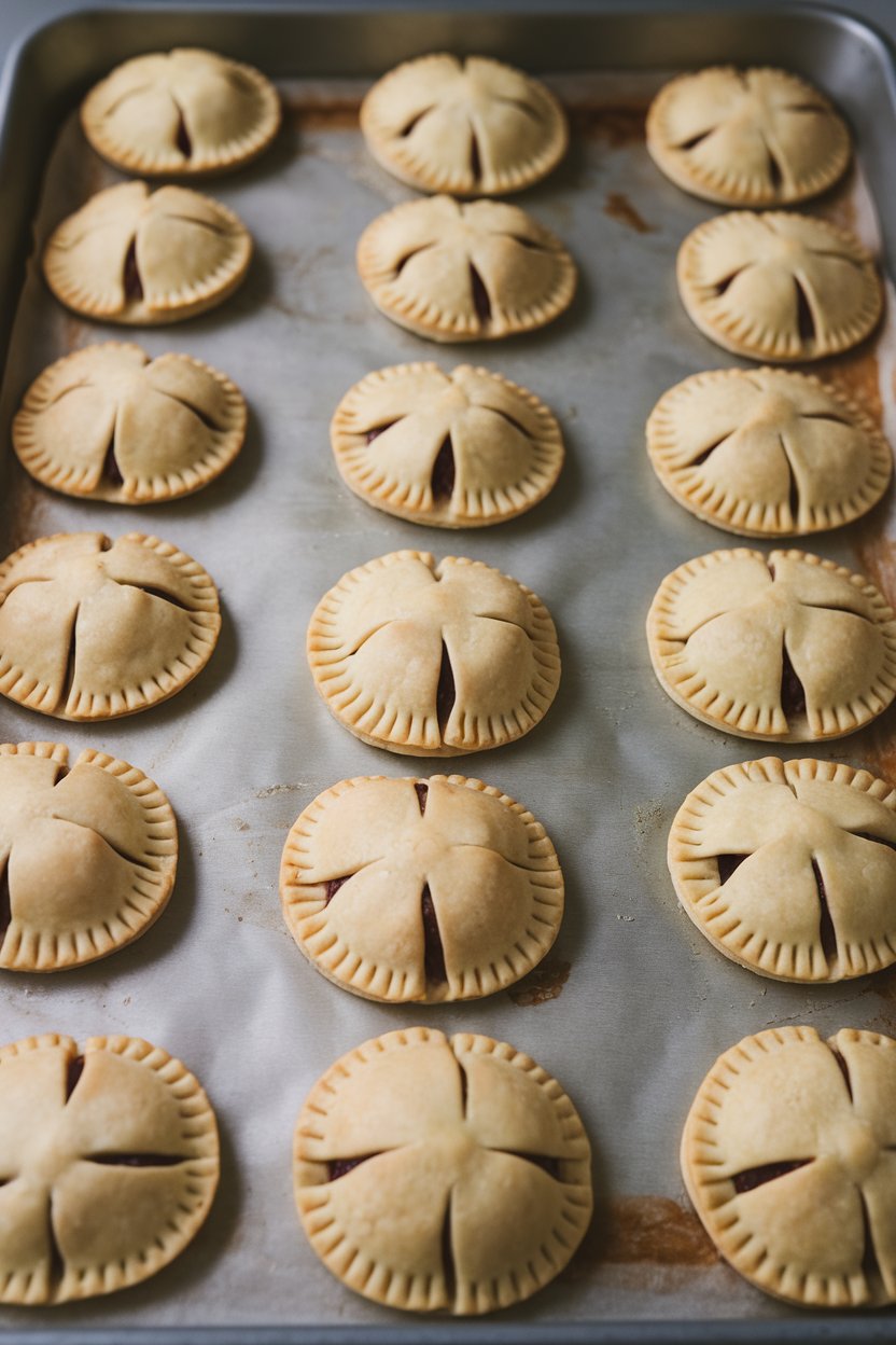 An indoor baking sheet lined with clover-shaped hand pies, golden crusts with small steam slits, no text or logos. Photo only.