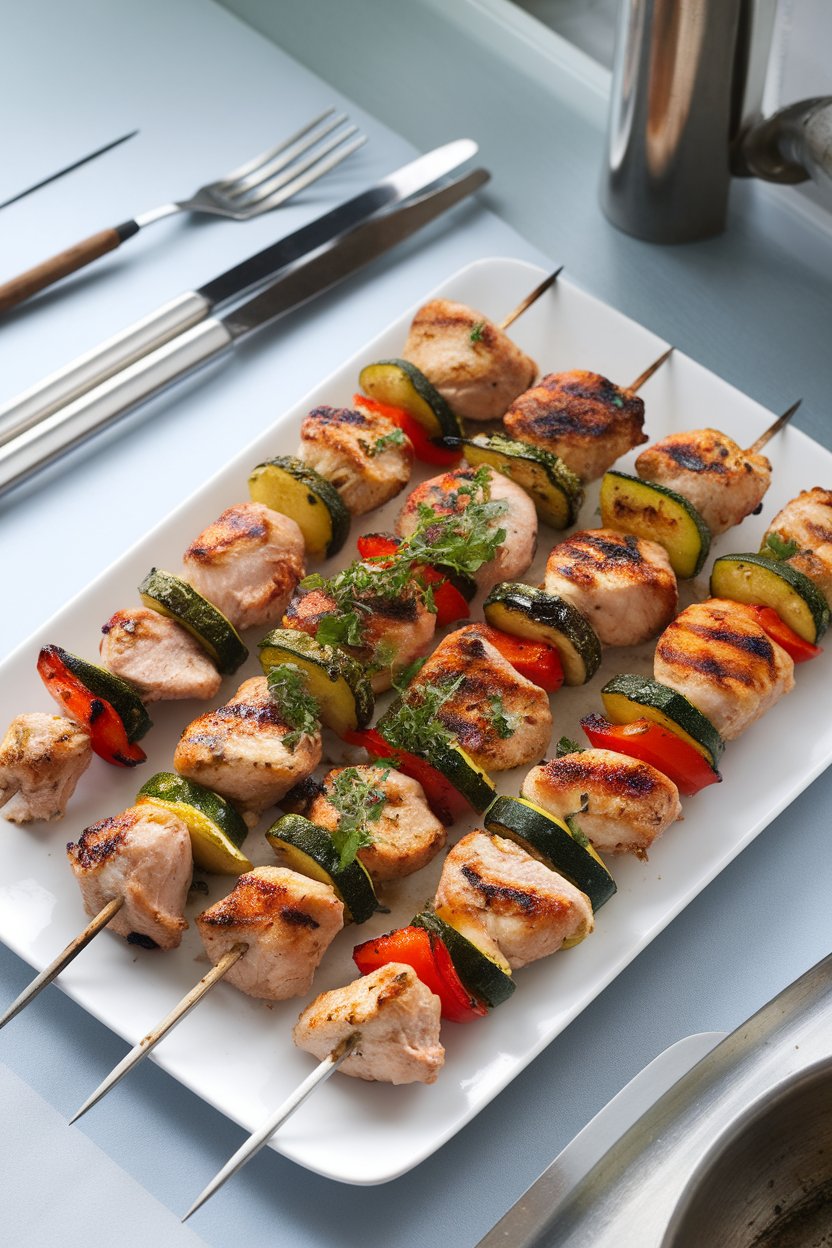 Indoor photo of skewered grilled chicken pieces alternating with zucchini and bell pepper on a white platter. No text or logos.