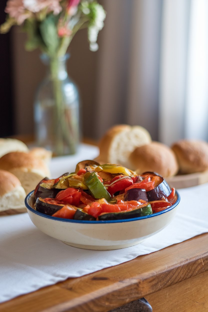 An indoor table displaying a bowl of cooked ratatouille—eggplant, zucchini, bell peppers, and tomatoes—drizzled with olive oil. No text or logos. Photo.