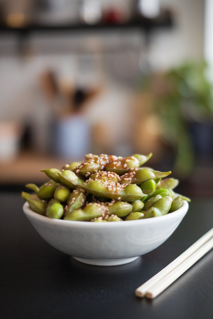 Indoor photo of a bowl of shelled edamame tossed with sesame seeds and glossy soy-ginger glaze. No logos visible.
