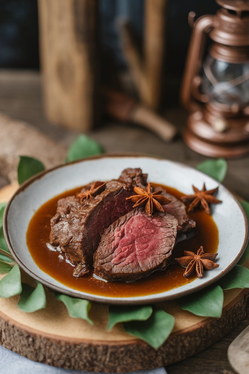 Indoor rustic plate of beef in dark cinnamon-tinged sauce, star anise for decoration only. No logos or text.