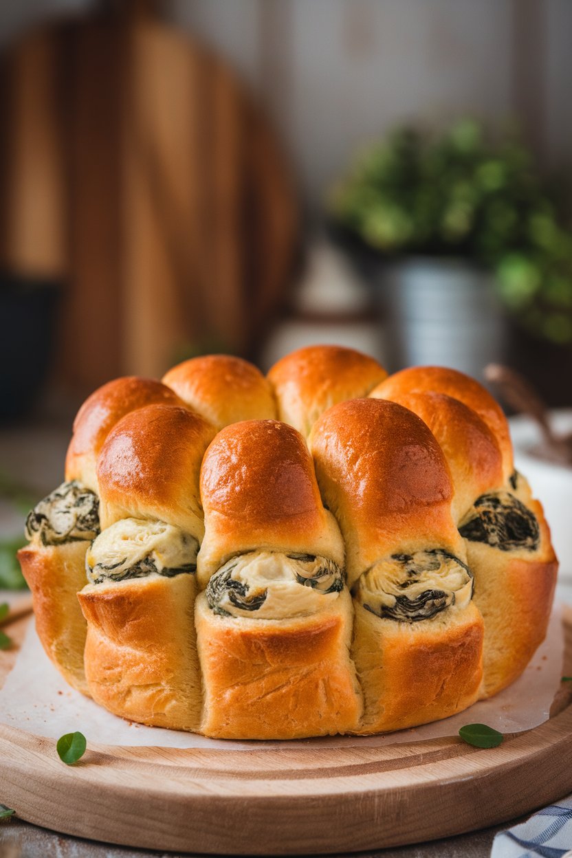 An indoor dining room table with a golden boule of pull-apart bread oozing creamy spinach-artichoke filling between scored cubes—no text or logos. Photo, not illustration.