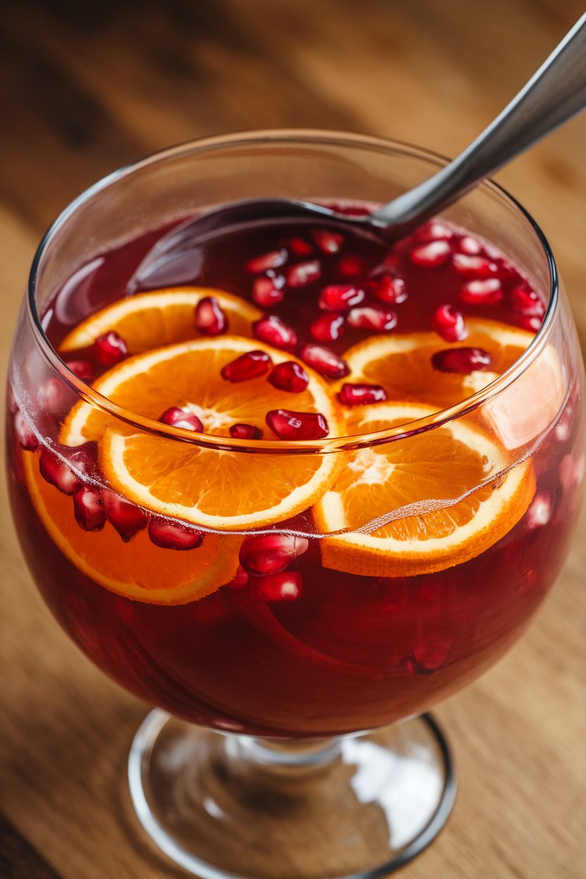 An indoor glass punch bowl filled with ruby-red punch, floating orange slices and pomegranate arils, ladle resting inside—no text or logos. Photo, not illustration.