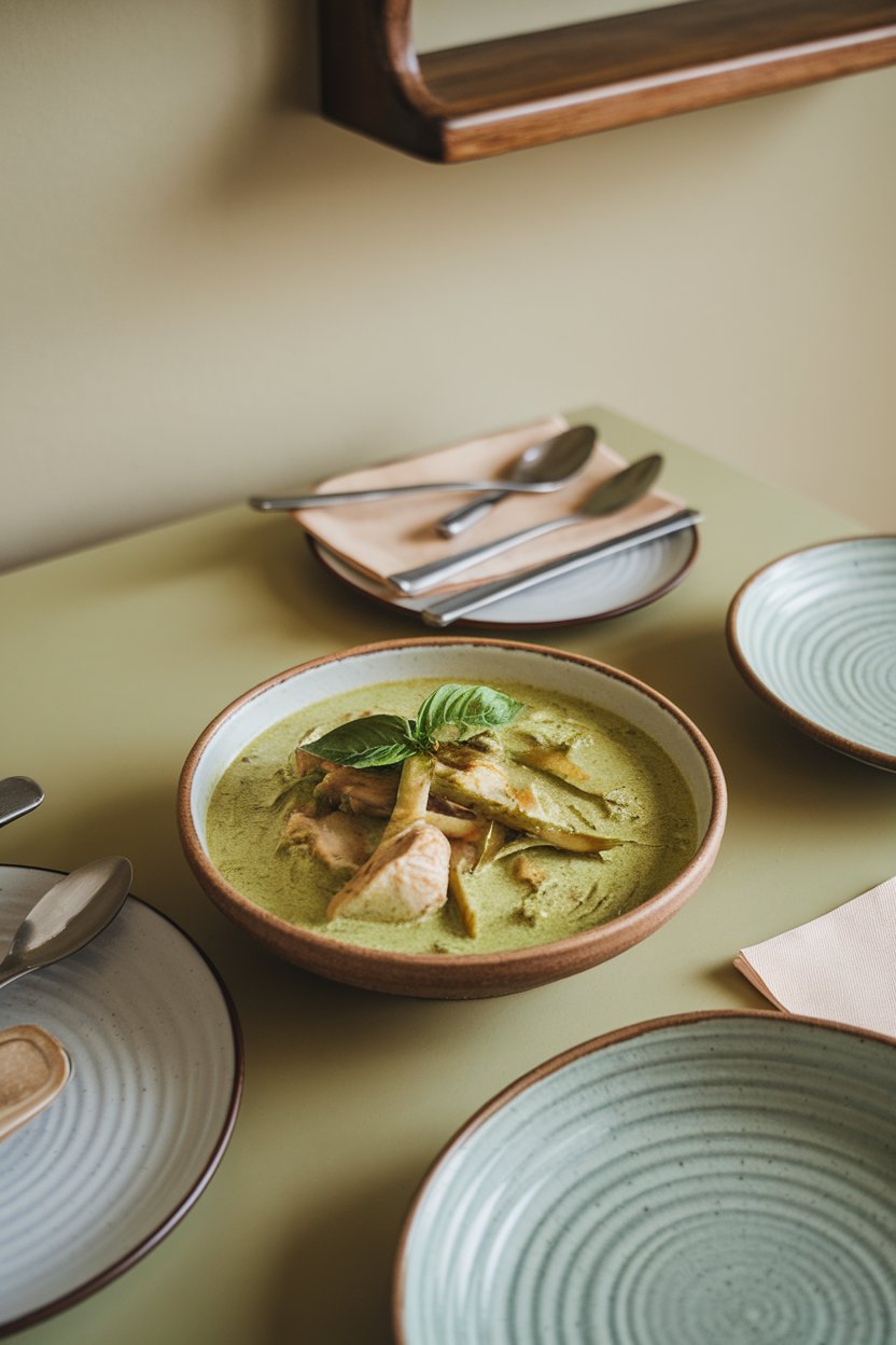 Indoor dining table with a bowl of green curry—chicken, bamboo shoots, and basil leaves in pale green sauce. No text or logos.