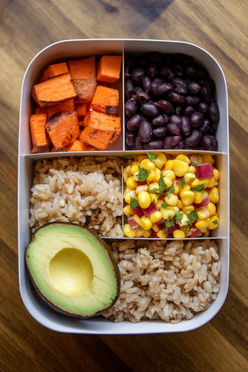 Indoor photo of a divided container with roasted sweet potato cubes, black beans, brown rice, corn salsa, and avocado slices. No text or logos.