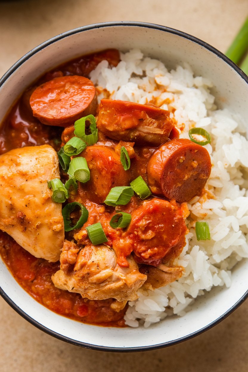 Indoor bowl of spicy chicken and sausage stew with rice, garnished with scallions. Photo only.