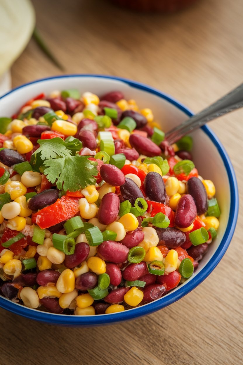 Indoor photo of a colorful bean and corn salad in a serving bowl with a spoon, no text or logos.