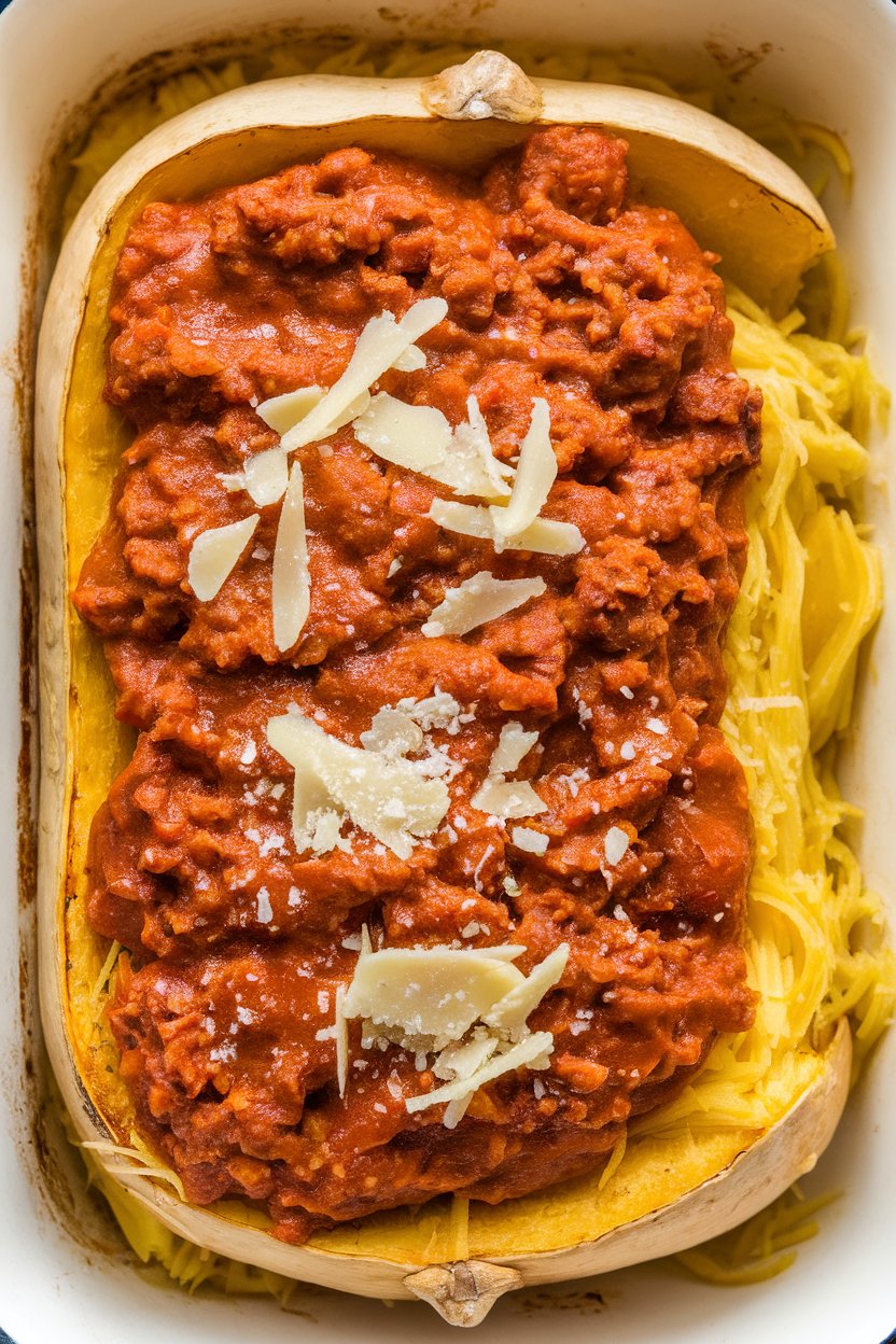 Indoor casserole dish with roasted spaghetti squash strands topped with turkey Bolognese sauce and a sprinkle of Parmesan. No text or logos present.