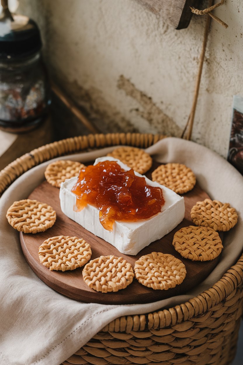 Indoor photo of a block of cream cheese topped with jewel-toned pepper jelly, surrounded by woven wheat crackers; no text or logos