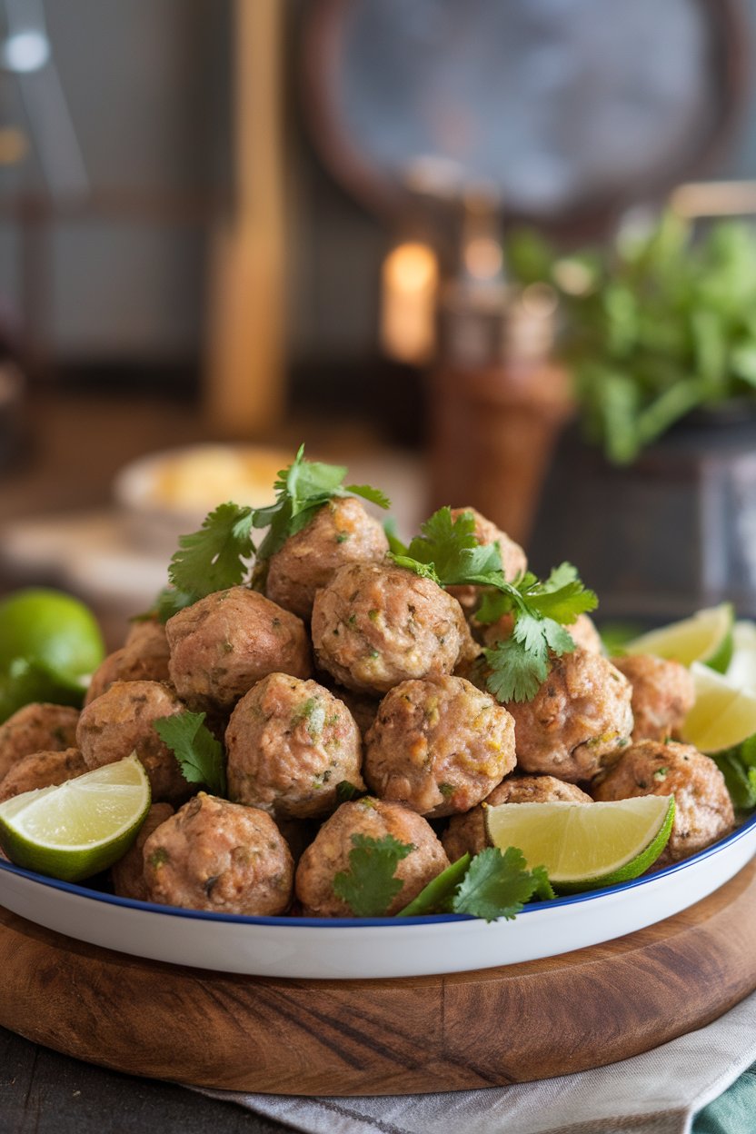 Photo of a white platter of turkey meatballs garnished with fresh cilantro and lime wedges, indoor tabletop scene. No text or logos.