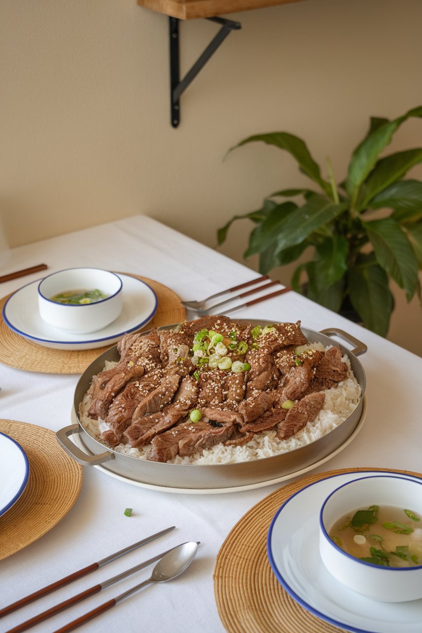 An indoor dining table displaying tender strips of slow-cooked bulgogi beef sprinkled with sesame seeds and green onions, served with white rice. No text or logos. Photo.