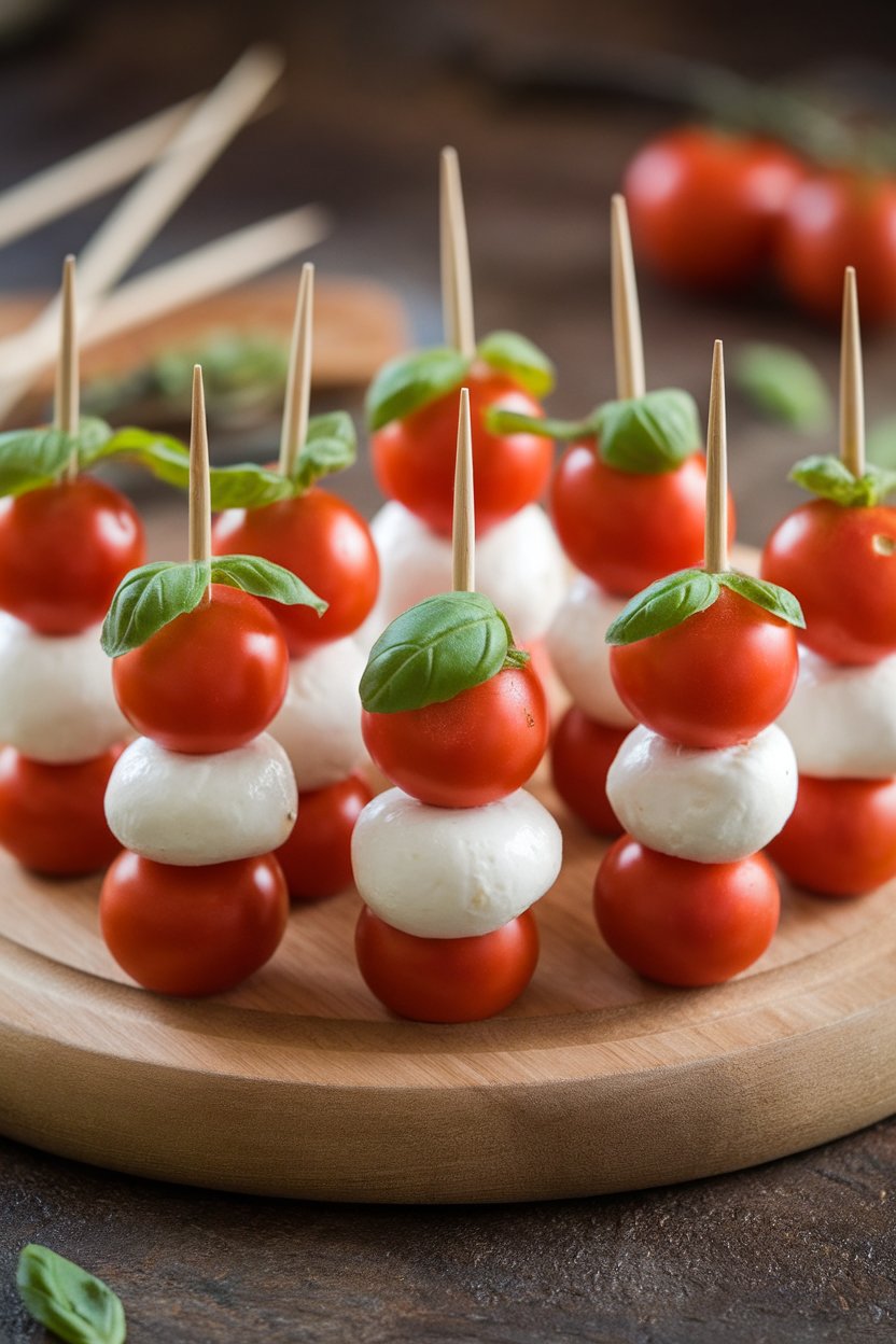 An indoor appetizer platter with toothpick skewers alternating grape tomatoes and part-skim mozzarella balls, basil leaf garnish; no logos.