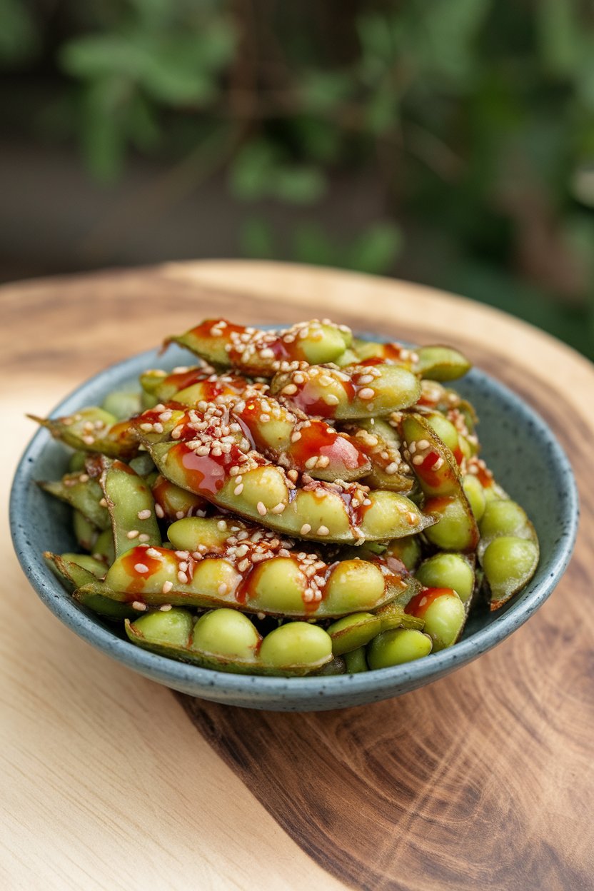 Indoor photo of a shallow bowl of edamame pods glistening with chili garlic sauce and sesame seeds. No text or logos.