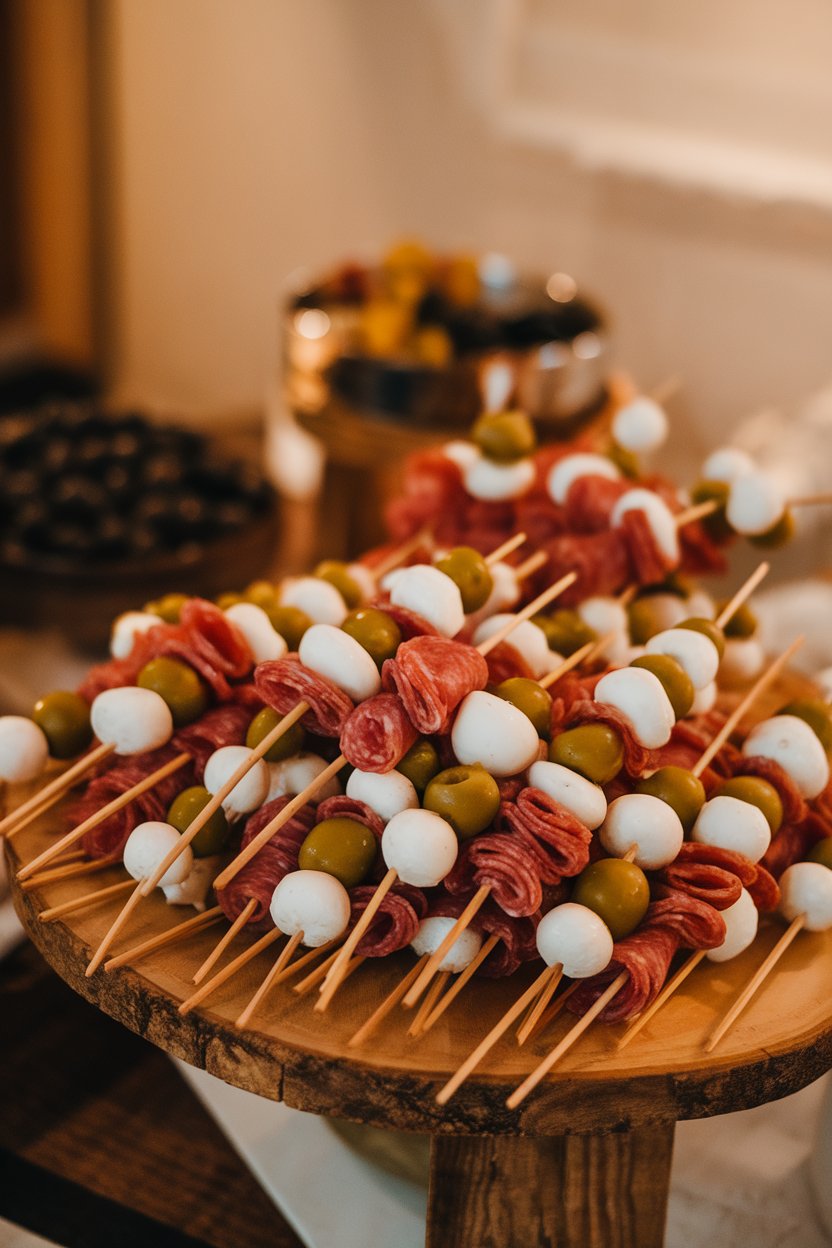 Indoor photo of short bamboo skewers threaded with salami, mozzarella balls, olives, and cherry tomatoes, arranged on a platter. No text or logos.