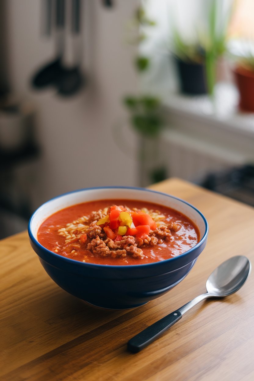 Indoor scene featuring a soup bowl filled with thick tomato broth, ground turkey, rice, and diced bell peppers; no text or logos; photo, not illustration.