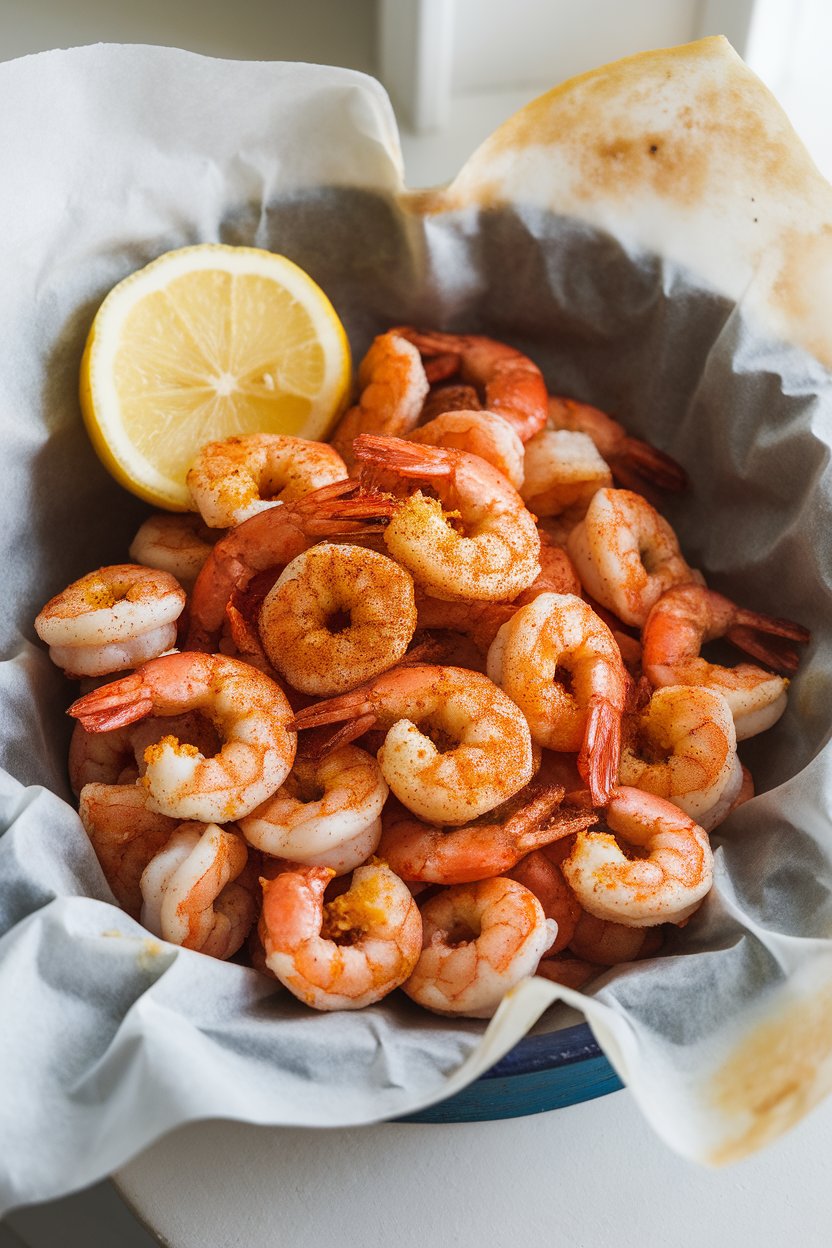 A parchment-lined bowl indoors piled high with bite-size fried shrimp dusted in Cajun spices, lemon wedge on the rim. No logos or text.