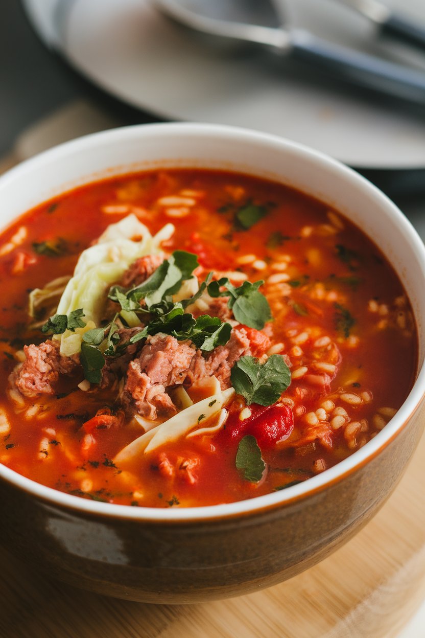 Indoor bowl of tomato-based soup with ground turkey, cabbage strips, and brown rice, herbs floating. No text or logos present.