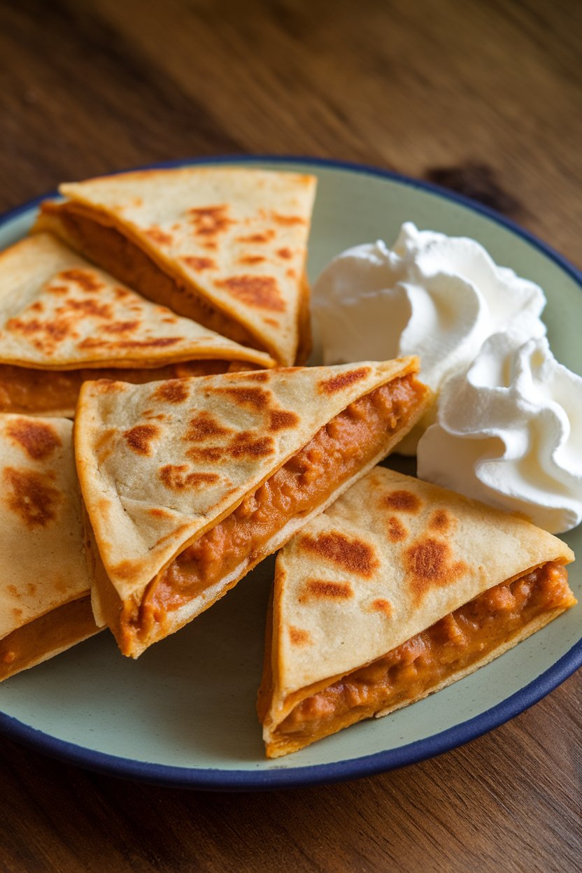 Indoor photo of pumpkin-pie quesadilla wedges, whipped cream dollops on side, no branding.