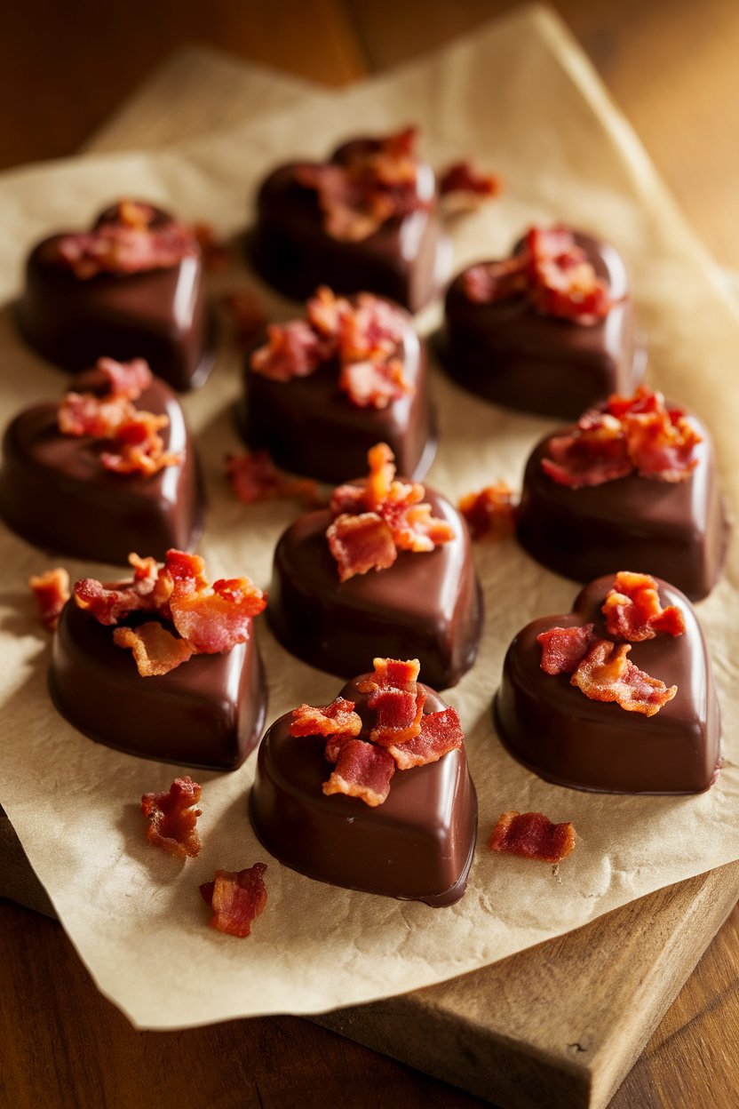 Dark chocolate hearts topped with crispy bacon bits under warm indoor lighting, arranged on parchment. No logos present.