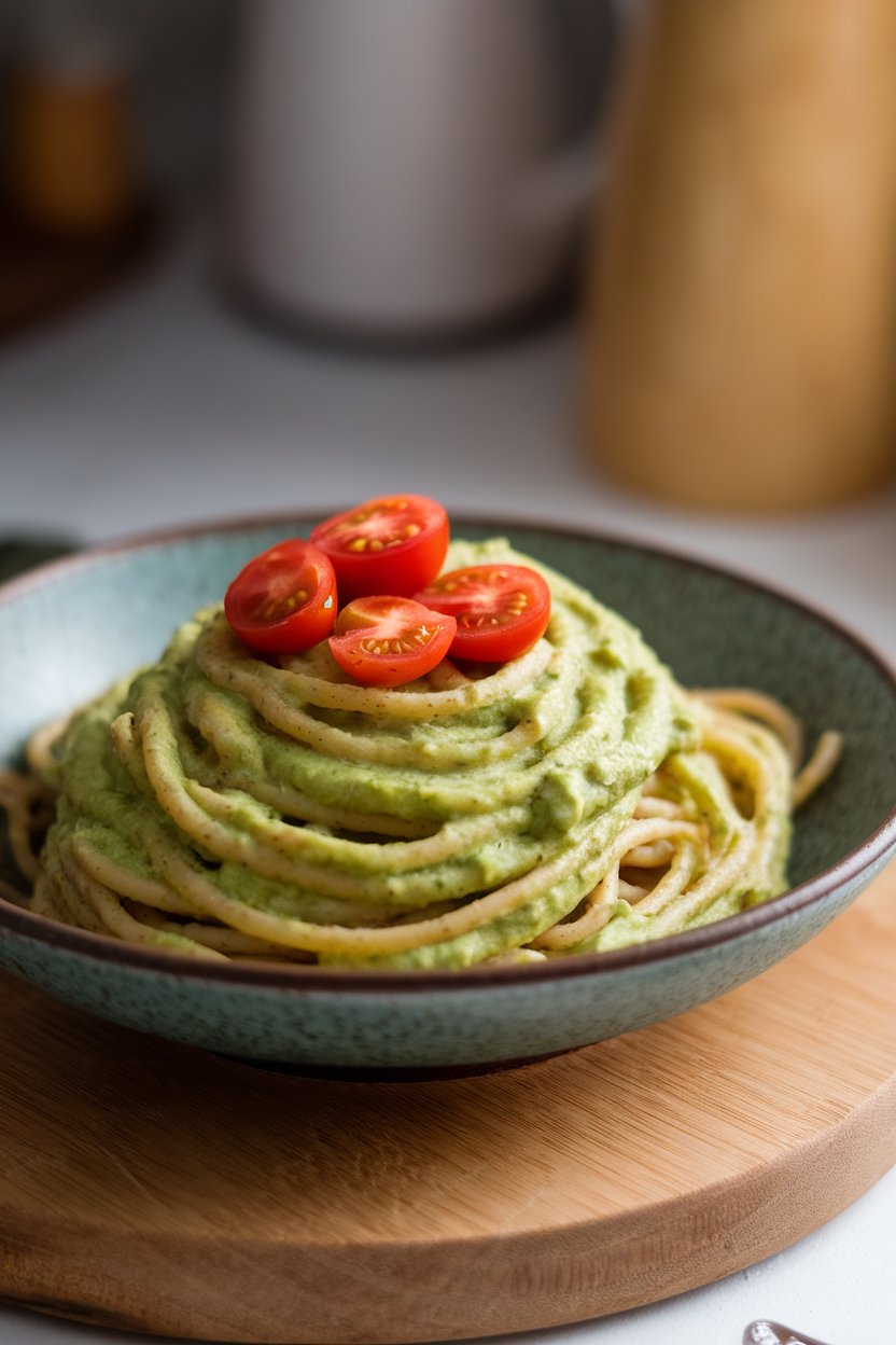 A bowl of whole-wheat spaghetti coated in a green avocado sauce, garnished with cherry tomato halves, photographed indoors. No text or logos.