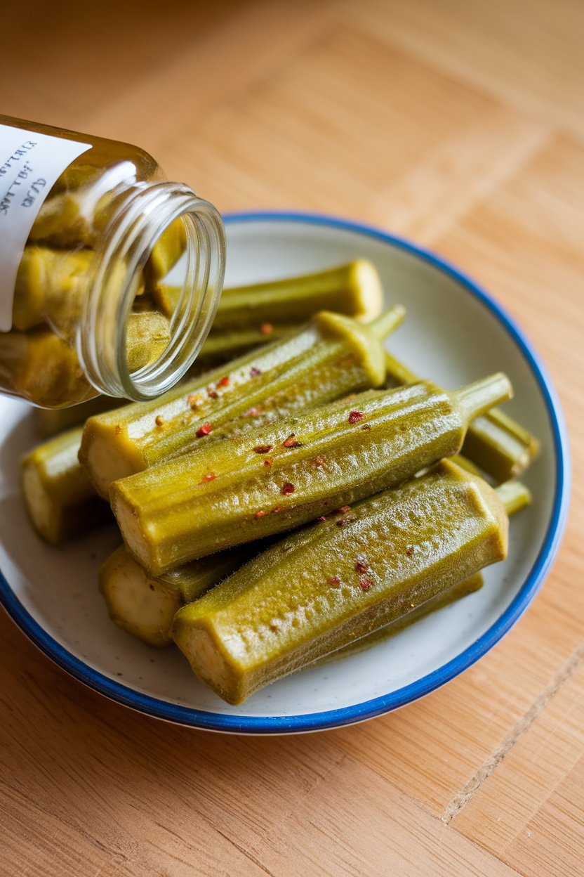 Indoor photo of a small jar poured out onto a plate, showing glossy pickled okra spears with pepper flakes; no text or logos