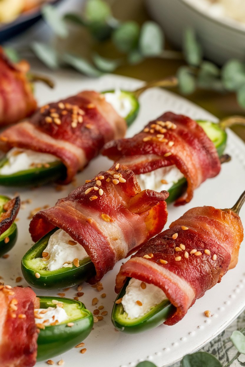 Indoor photo of bacon-wrapped jalapeño halves stuffed with cream cheese on a white platter, shot close-up. No text or logos present.