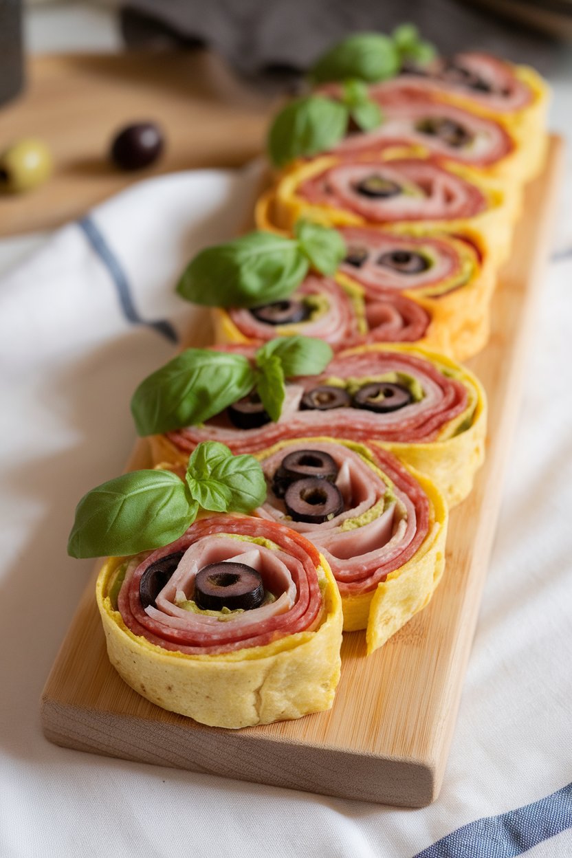 Indoor photo of a wooden board lined with colorful tortilla pinwheels showing layers of olive salad, salami, ham, and provolone; no text or logos