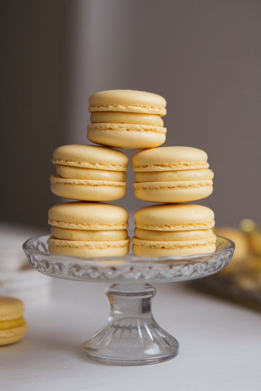Delicate pastel yellow macarons filled with passionfruit buttercream, stacked neatly on a small indoor cake pedestal. No branding visible.