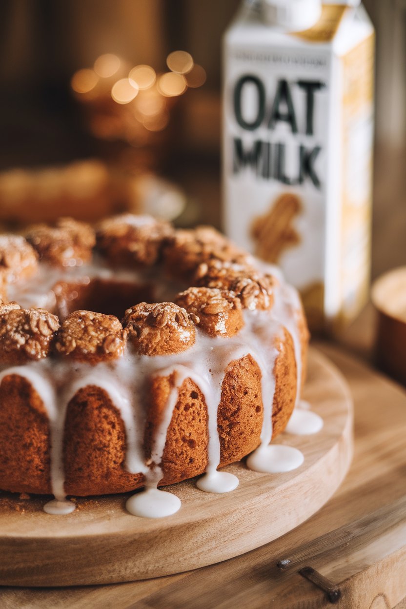 Photo indoors of a plant-based king cake glazed and sugared, with oat-milk carton blurred in background; no text or logos.