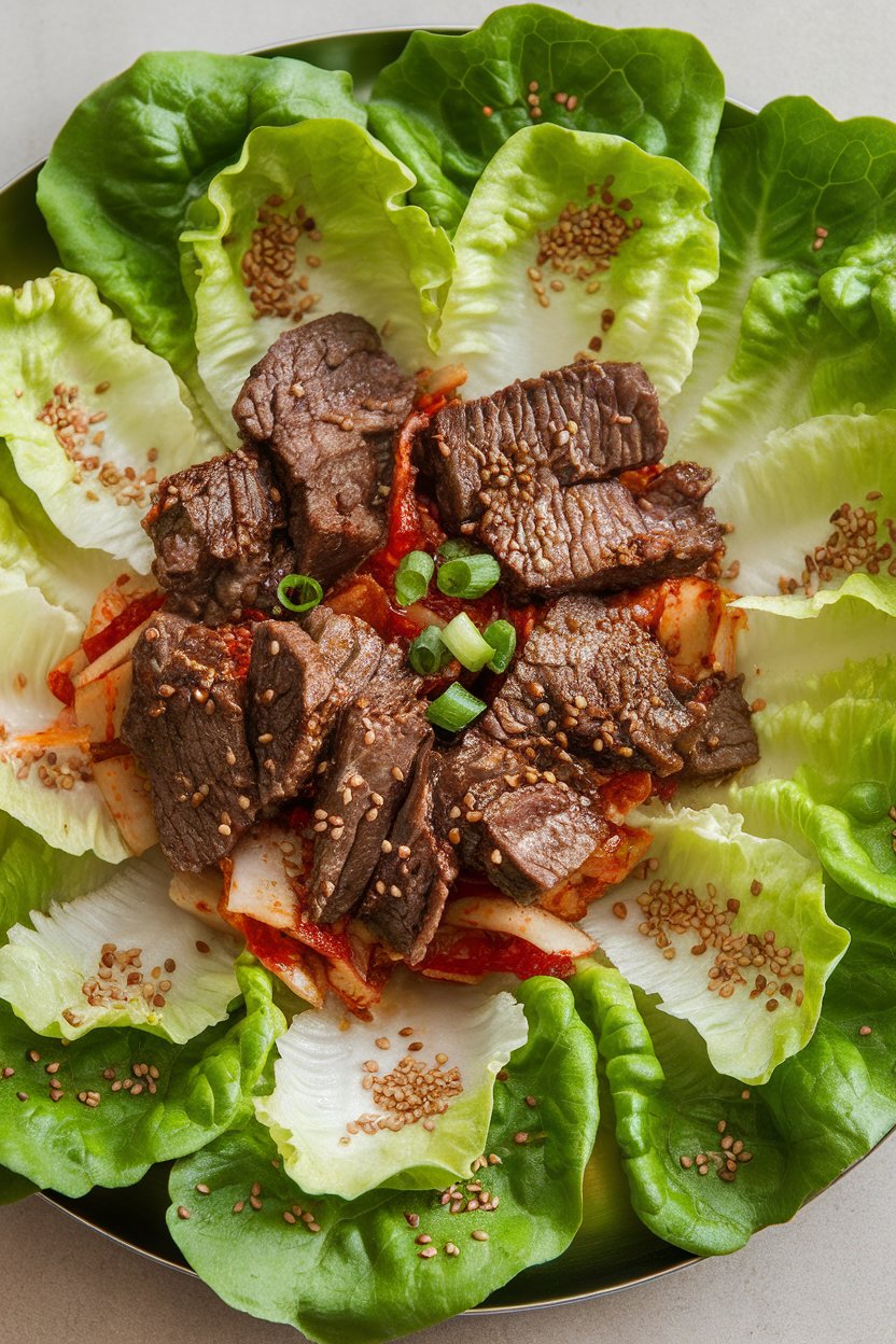 Indoor photo of butter lettuce leaves filled with marinated bulgogi beef, kimchi, and sesame seeds on a platter. No text or logos.