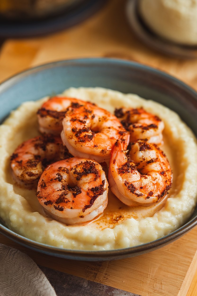 Photo indoors of blackened shrimp over creamy cauliflower grits in a shallow bowl, no text or logos.