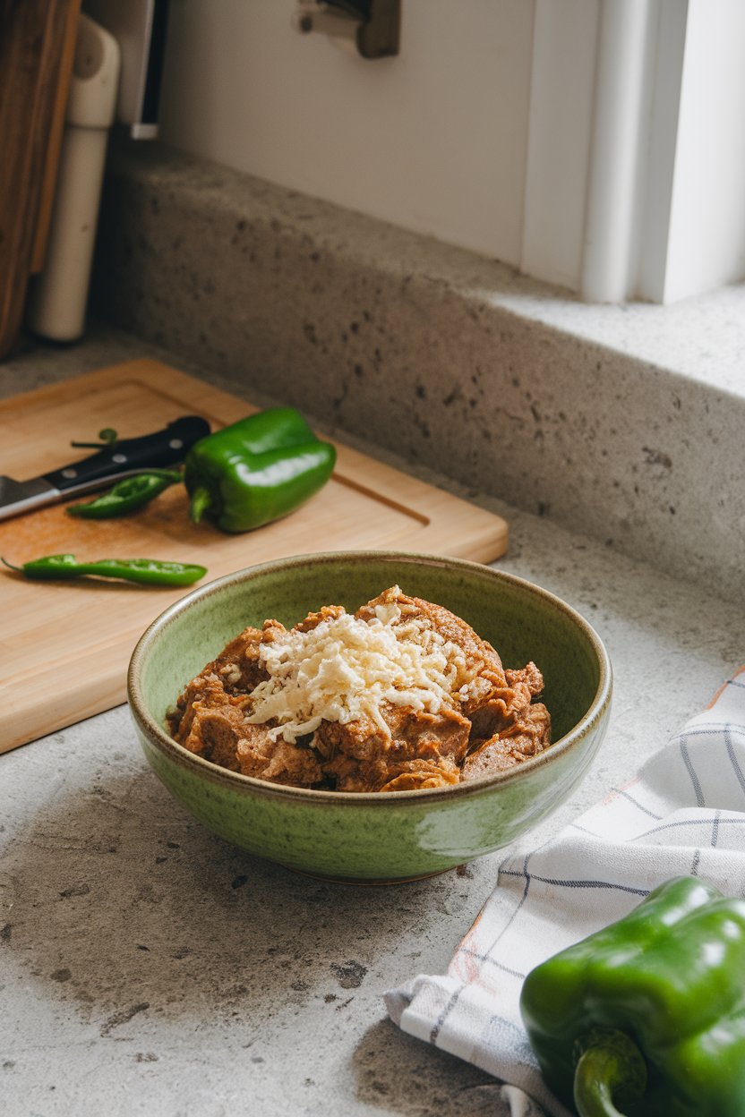 A kitchen counter with a green-hued bowl of pork chile verde, shards of tender pork visible under a sprinkle of queso fresco. Indoor lighting; no text or logos.