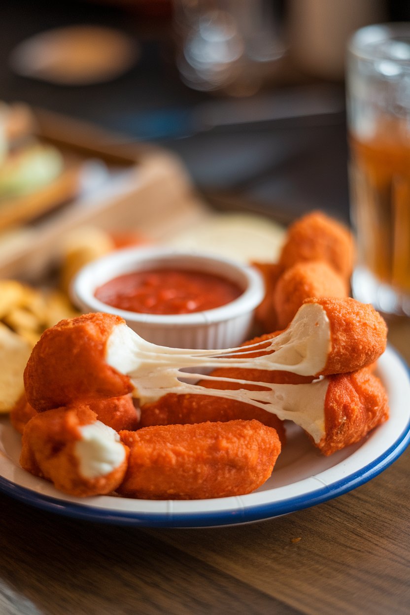 An indoor pub-style plate with mozzarella sticks pulling stretchy cheese between halves, marinara dipping cup nearby, no logos.