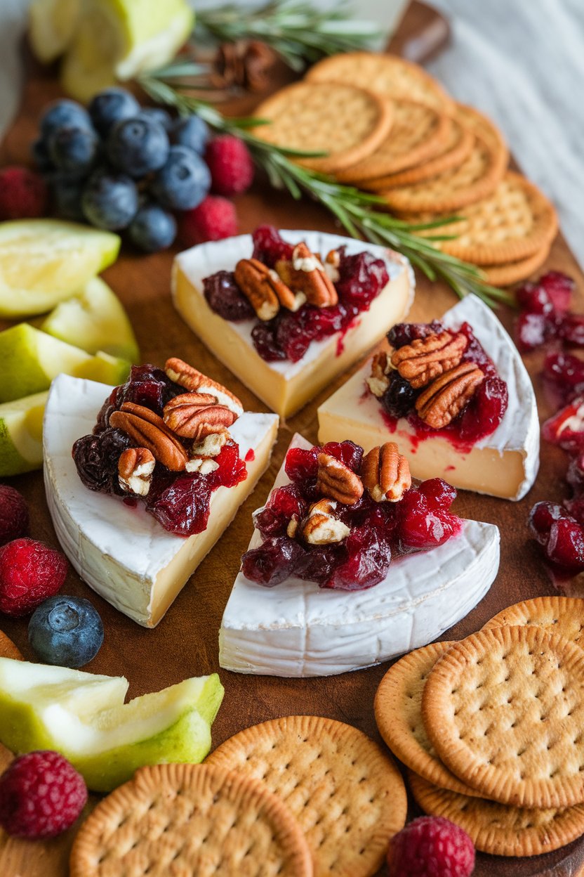 Indoor cheese board with brie wedges topped with cranberry sauce and crushed pecans, no text or logos