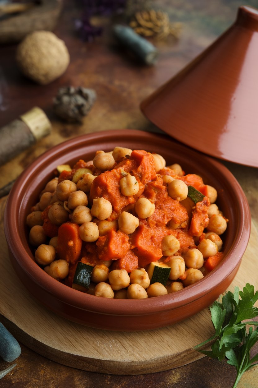 Indoor tagine dish showing chickpeas, zucchini, and carrots coated in red harissa sauce, parsley garnish; no text or logos; photograph.