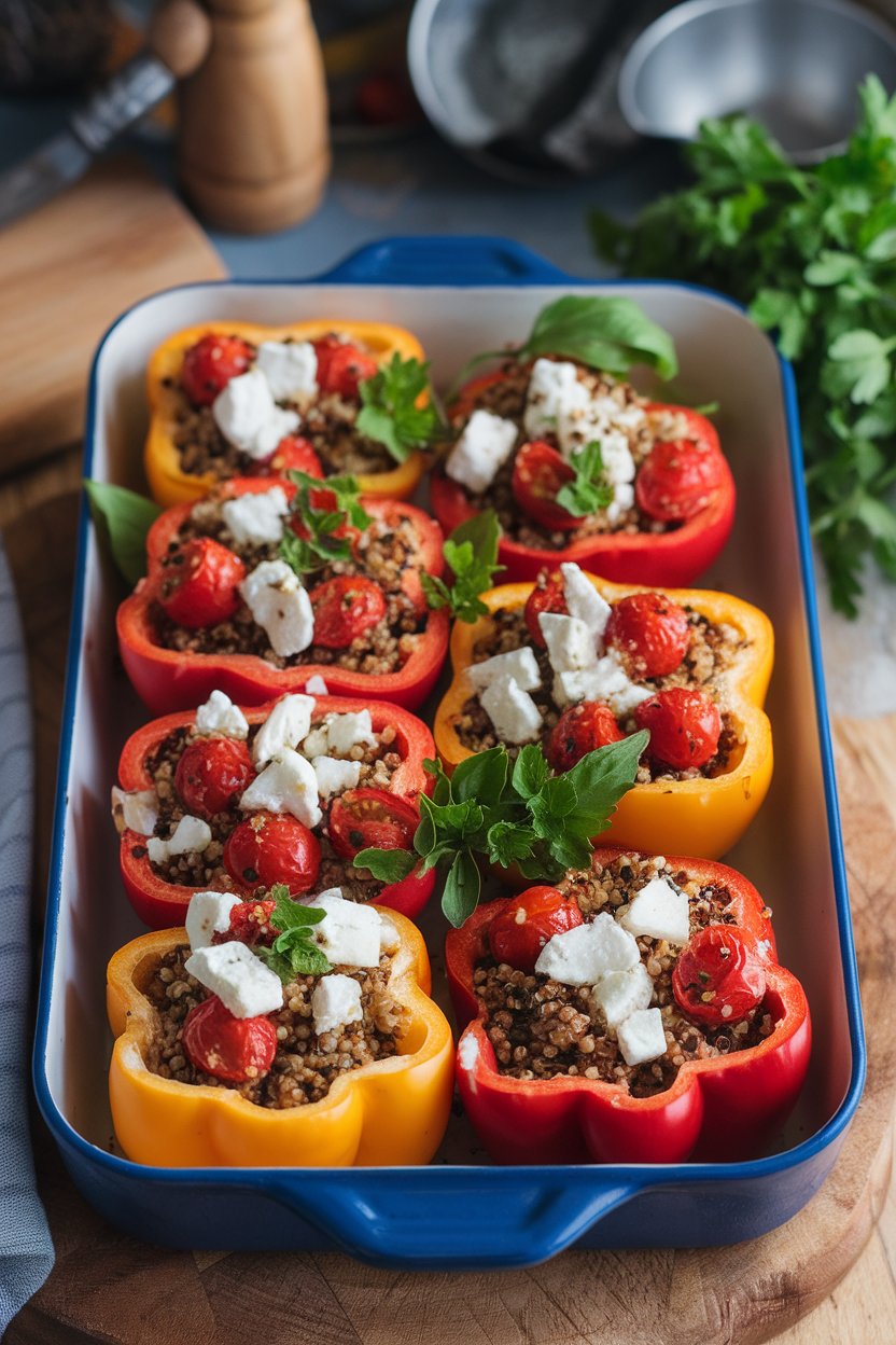 An indoor casserole dish of halved bell peppers filled with quinoa, tomatoes, and feta, herbs scattered around. No text or logos.