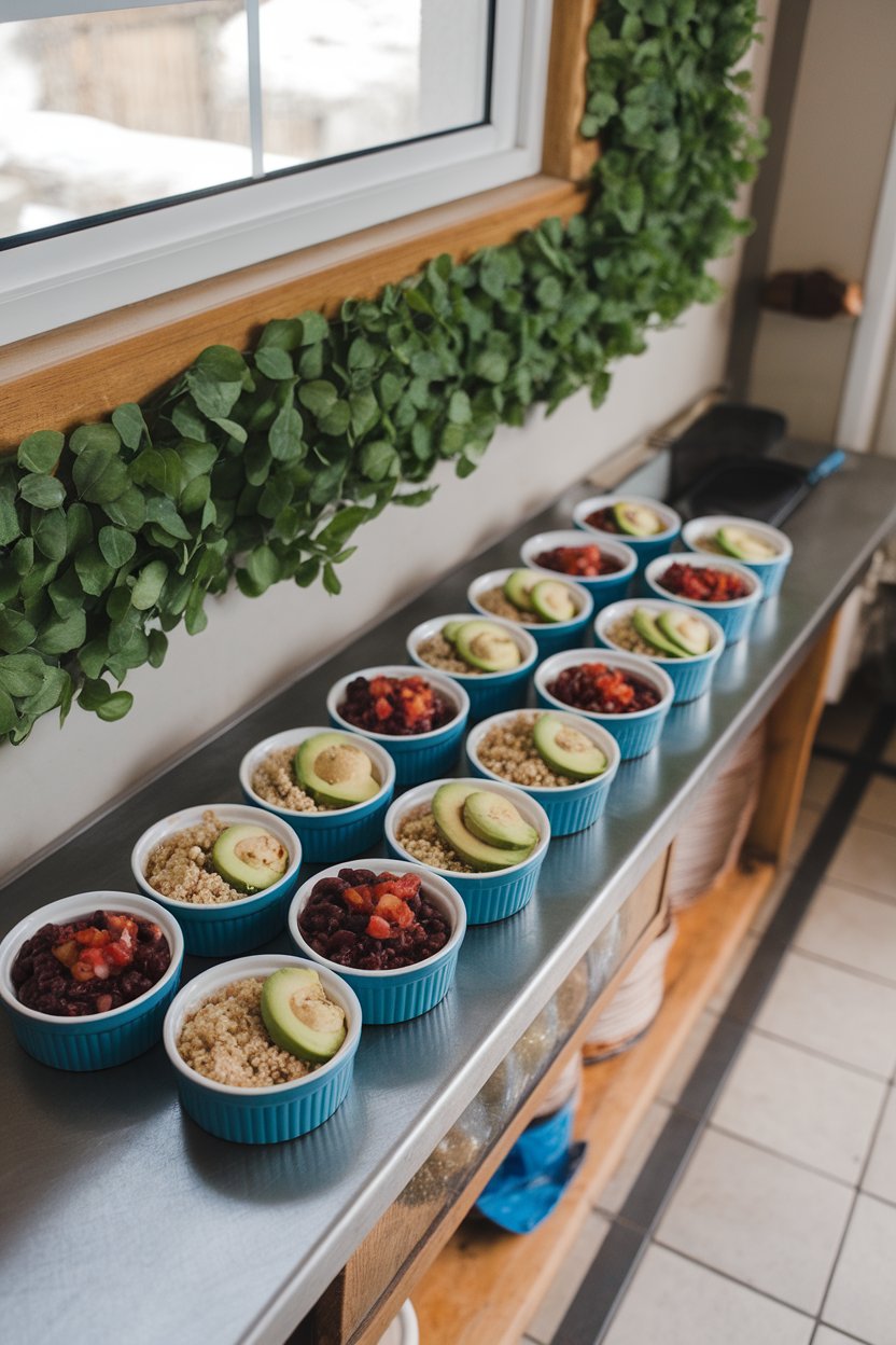 Photo of small ramekins filled with quinoa, black beans, salsa, and avocado, lined up on an indoor counter. No text or logos.