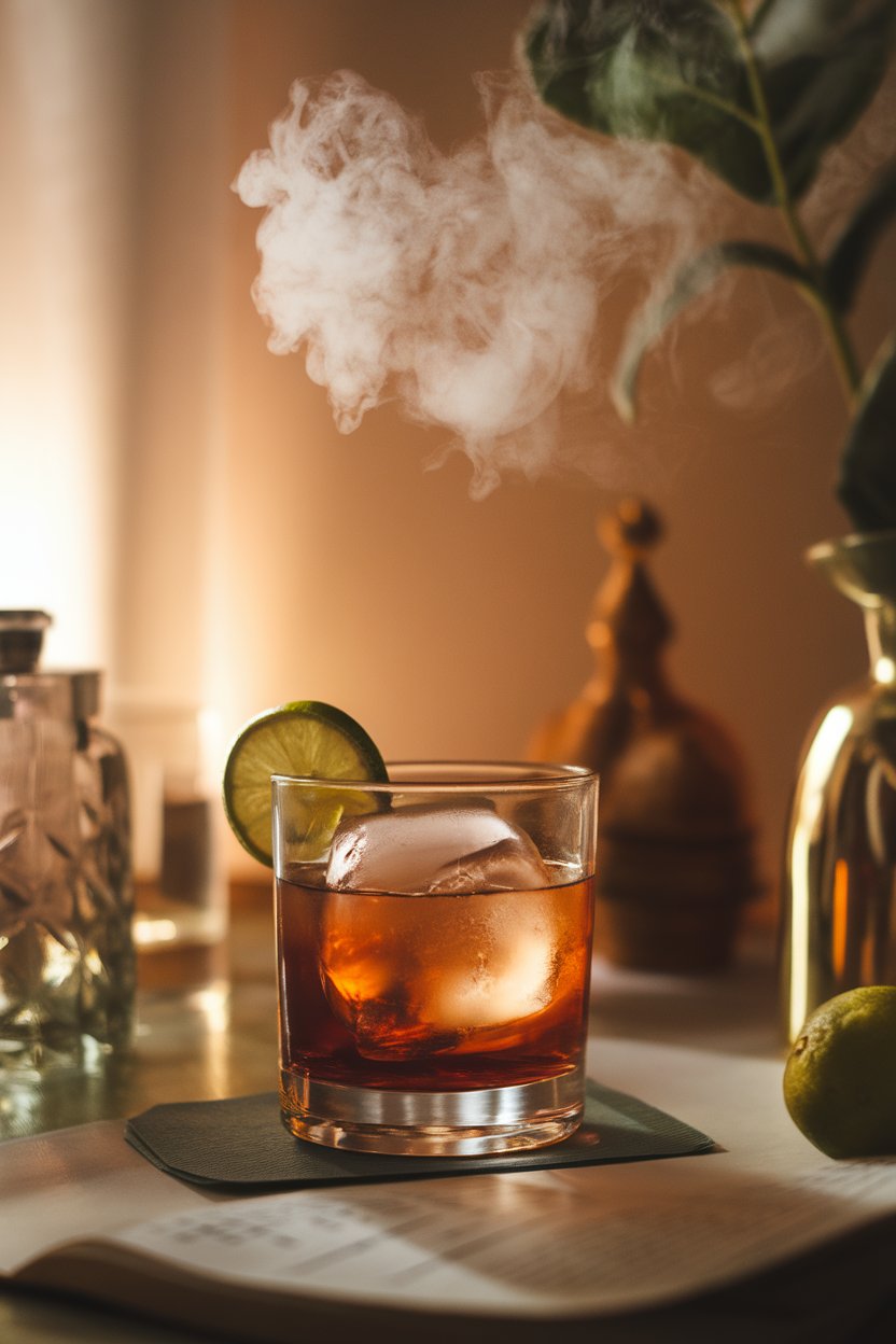 A cozy indoor study scene featuring a rocks glass of dark Rum Old Fashioned, large sphere ice, lime oil mist visible, no logos or text. Photo only.